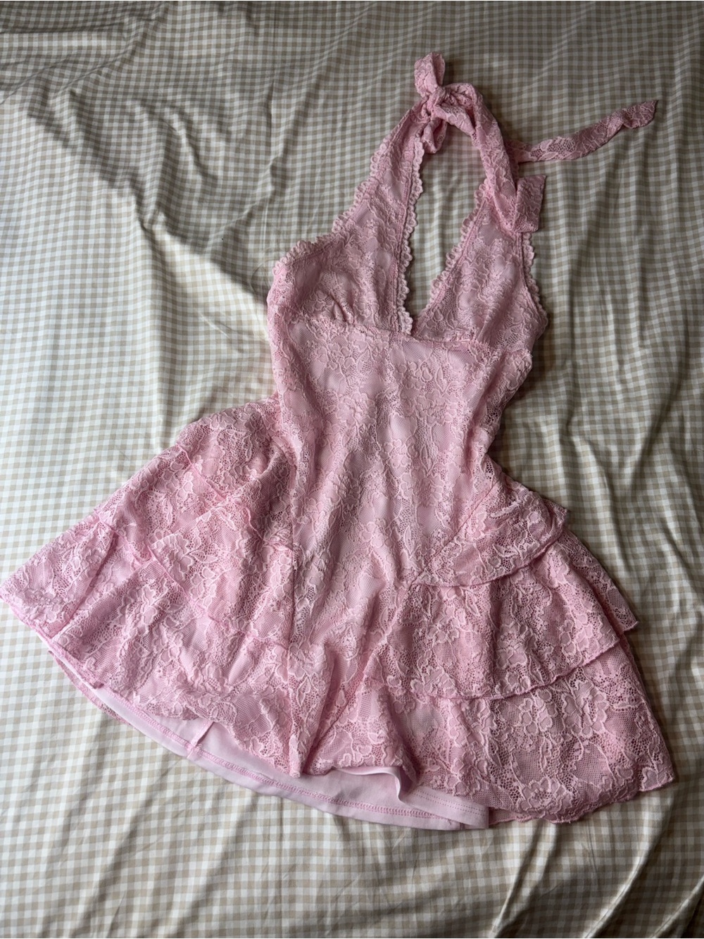 Pink Lace Baby Doll Dress Halter Tie Back